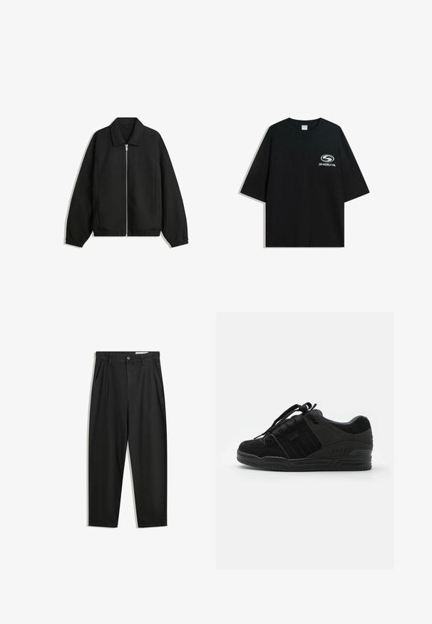 Schwarze Jacke aus strukturiertem Stoff, mit vollem Reißverschluss auf der Vorderseite, Kragen und elastischen Manschetten, im entspannten Schnitt und mit seitlichen Taschen.; Schwarzes oversized Baumwoll-T-Shirt mit Rundhalsausschnitt und kurzen Ärmeln, auf der Vorderseite mit einem weißen "Shibuya"-Logo bedruckt.; Schwarze Baumwollhose mit lockerem Schnitt, ausgestattet mit einem klassischen Bund, vorderen Falten und Seiten taschen. Glatte Textur ohne Muster.; Schwarzer Sneaker mit Obermaterial aus Wildleder und Textil, ausgestattet mit strukturierten Akzenten, einem gepolsterten Kragen, Schnürsenkeln und einer Gummisohle mit Logodetail.