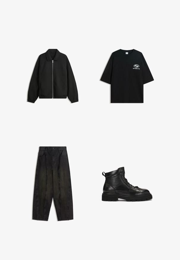 Fekete kabát texturált anyagból, teljes elöl cipzárral, gallérral és rugalmas mandzsettákkal, laza szabással és oldalsó zsebekkel.; Fekete, oversized pamut póló kerek nyakkal és rövid ujjakkal, az elején fehér "Shibuya" logóval.; Fekete, bőszárú farmernadrág, látható varrásokkal és rojtos szélekkel, két első zsebbel és magas derekú fazonnal.; Fekete bőr bokacsizma, texturált felülettel, fűzős kialakítással, kerek orral és vastag gumitalppal, melynek mély barázdái vannak.