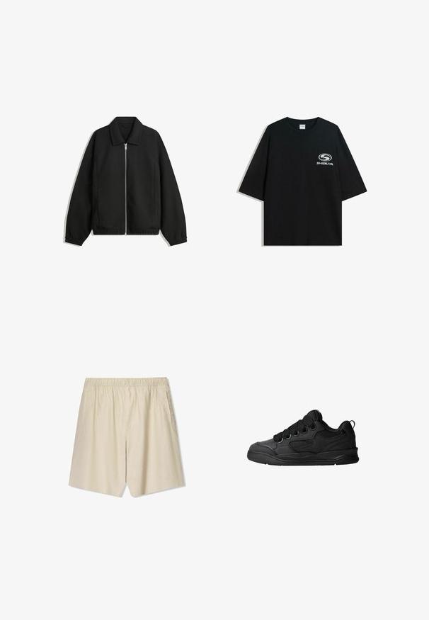Čierna bunda vyrobená z textúrovaného materiálu, s plným predným zipsom, golierom a elastickými manžetami, so voľnejším strihom a bočnými vreckami.; Čierne oversize bavlnené tričko s okrúhlym výstrihom a krátkymi rukávmi, s bielym logom "Shibuya" potlačeným na prednej strane.; Béžové šortky vyrobené z ľahkého materiálu s elastickým pásom, dvoma bočnými vreckami a uvoľneným strihom.; Čierne tenisky s textúrovaným zvrškom, s šnúrkami, sieťovinovými akcentmi pre priedušnosť, polstrovaným golierom a pevnou podošvou.