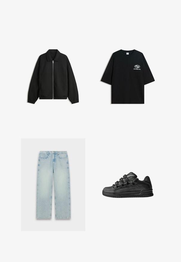 Černá bunda vyrobená z texturované látky, s plným předním zipem, límcem a elastickými manžetami, s volným střihem a bočními kapsami.; Černé oversized bavlněné tričko s kulatým výstřihem a krátkým rukávem, na přední straně s potiskem bílého loga "Shibuya".; Světlé modré, vysoké džíny z denimu se střihy rovného nohavice, s vybledlým texturem a klasickým pěti kapsovým designem.; Černé tenisky s hladkým koženým svrškem, texturovanými akcenty a kulatými černobílými tkaničkami. Silná gumová podrážka s vzorovaným dezénem.