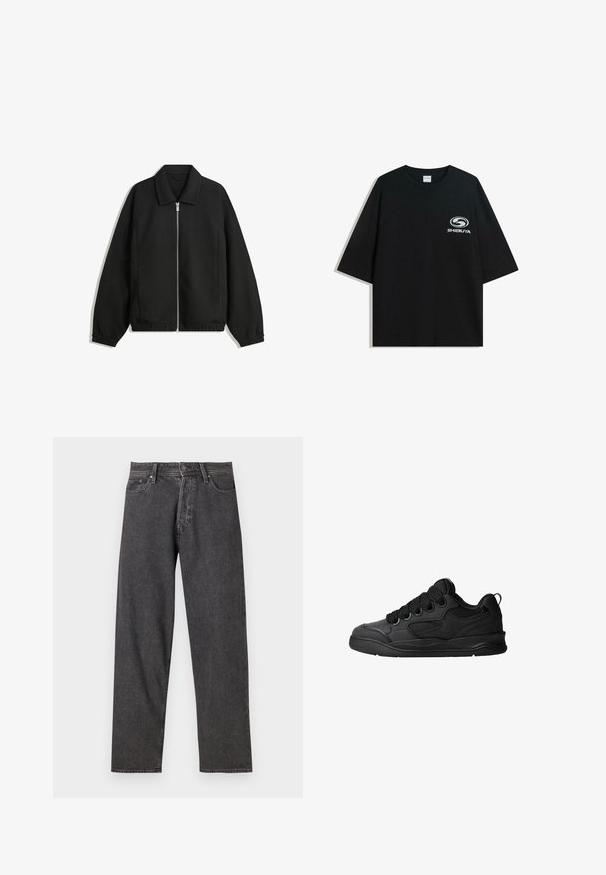 Čierna bunda vyrobená z textúrovaného materiálu, s plným predným zipsom, golierom a elastickými manžetami, so voľnejším strihom a bočnými vreckami.; Čierne oversize bavlnené tričko s okrúhlym výstrihom a krátkymi rukávmi, s bielym logom "Shibuya" potlačeným na prednej strane.; Čierne denimové nohavice so strihom rovného nohu, dizajnom s piatimi vreckami a jemným vyblednutím. Obsahujú zapínanie na gombík a pútka na opasok.; Čierne tenisky s textúrovaným zvrškom, s šnúrkami, sieťovinovými akcentmi pre priedušnosť, polstrovaným golierom a pevnou podošvou.