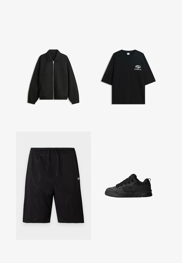 Črna jakna iz teksturirane tkanine, z dvostranskim zadrgo spredaj, ovratnikom in elastičnimi manšeti, sproščenega kroja in stranskimi žepi.; Črna prevelika bombažna majica z okroglo ovratnico in kratkimi rokavi, z belim logotipom "Shibuya" natisnjenim spredaj.; Črne športne kratke hlače iz mrežaste tkanine z vrvico za prilagajanje pasu, z perforirano teksturo in majhnim belim logotipom na spodnjem desnem delu.; Črne superge z teksturiranim zgornjim delom, opremljene z vezalkami, mrežastimi dodatki za zračnost, oblazinjenim ovratnikom in trdnim podplatom.