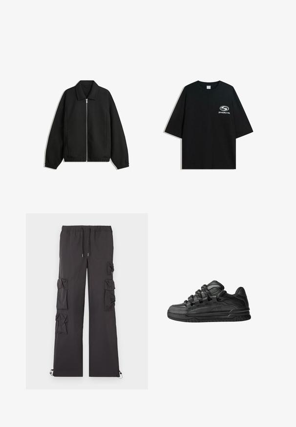 Černá bunda vyrobená z texturované látky, s plným předním zipem, límcem a elastickými manžetami, s volným střihem a bočními kapsami.; Černé oversized bavlněné tričko s kulatým výstřihem a krátkým rukávem, na přední straně s potiskem bílého loga "Shibuya".; Černé cargo kalhoty s páskem na šňůrku, vybavené mnoha kapsami po stranách a elastickými manžetami na kotnících. Lehce materiál.; Černé tenisky s hladkým koženým svrškem, texturovanými akcenty a kulatými černobílými tkaničkami. Silná gumová podrážka s vzorovaným dezénem.