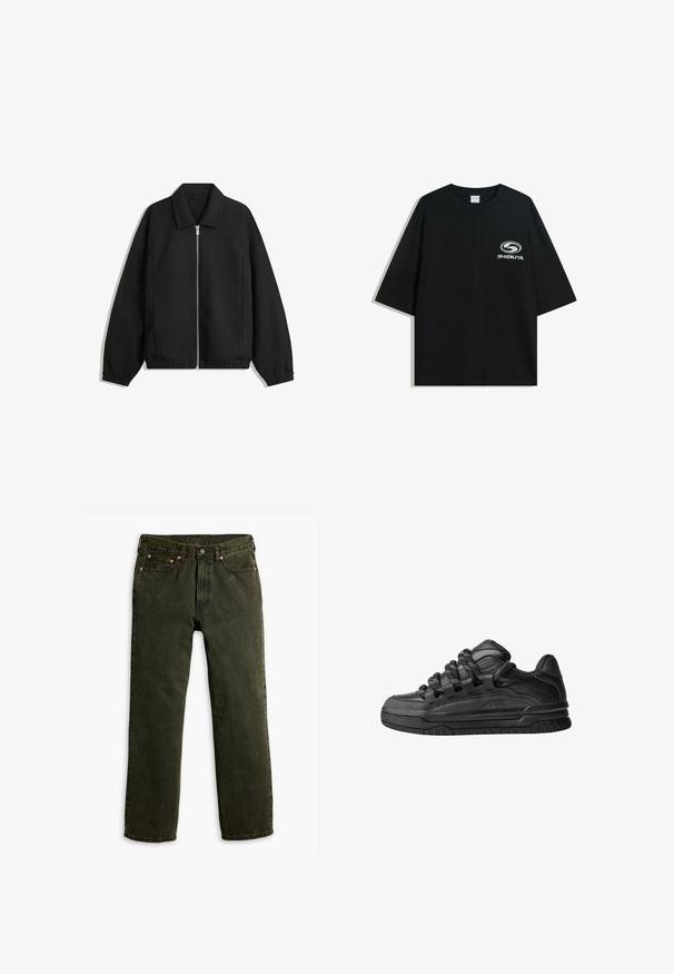 Czarna kurtka z teksturowanej tkaniny, z pełnym zamkiem z przodu, kołnierzem i elastycznymi mankietami, o luźnym kroju i kieszeniach po bokach.; Czarna, oversize bawełniana koszulka z okrągłym dekoltem i krótkimi rękawami, z białym logo "Shibuya" nadrukowanym na przodzie.; Levi's® - Jeansy loose fit; Czarne sneakersy z gładką skórzaną cholewką, teksturowanymi akcentami i okrągłymi czarno-białymi sznurowadłami. Gruba gumowa podeszwa z wzorzystym bieżnikiem.