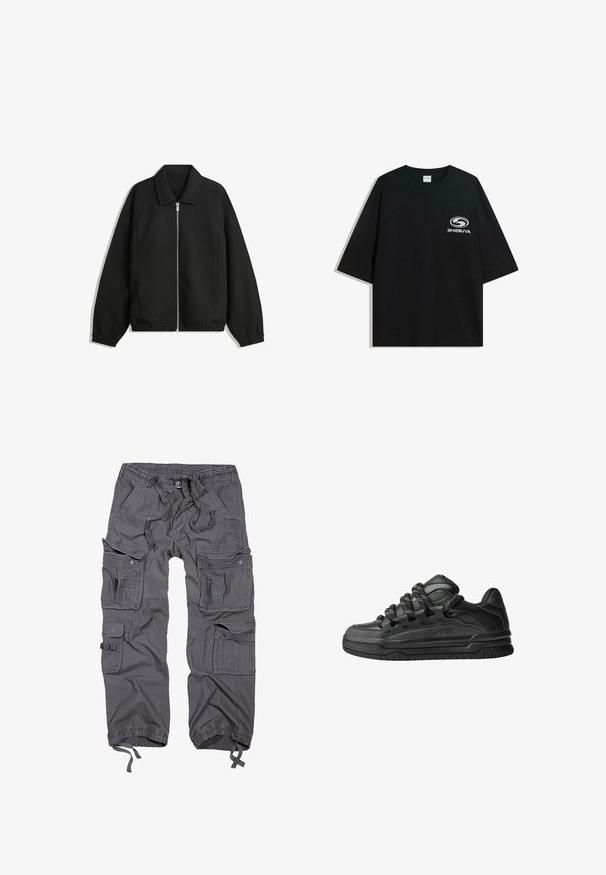 Svart jacka i strukturerad tyg, med full dragkedja framtill, krage och elastiska muddar, med en avslappnad passform och sidofickor.; Svart oversized t-shirt i bomull med rund halsringning och korta ärmar, med en vit "Shibuya"-logotyp tryckt på framsidan.; Grå cargobyxor med flera fickor, dragsko i midjan, knappstängning, smalnade cuffs och en texturerad tygfinish.; Svarta sneakers med ovandel i slät läder, texturerade detaljer och runda svarta och vita snören. Tjock gummisula med ett mönstrat mönster.