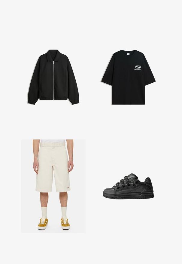 Black jacket made of textured fabric, featuring a full front zip, collar, and elastic cuffs with a relaxed fit and side pockets.; Black oversized cotton t-shirt featuring a round neckline and short sleeves, with a white "Shibuya" logo printed on the front.; Beige cotton shorts with a straight cut, flat front, and side pockets. Features a small logo patch near the hem. Worn with yellow sneakers.; Black sneakers with a smooth leather upper, textured accents, and round black and white laces. Thick rubber sole with a patterned tread.