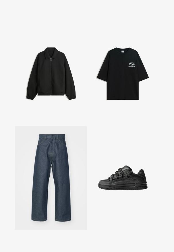 Sort jakke lavet af struktureret stof, med fuld frontlynlås, krave og elastiske mansjetter, i en afslappet pasform og sidelommer.; Sort oversized bomulds t-shirt med rund halsudskæring og korte ærmer, med et hvidt "Shibuya" logo trykt på forsiden.; Carhartt WIP BRANDON PANT - Baggy jeans - blue rigid; Sorte sneakers med en glat læderoverdel, teksturerede accenter og runde sorte og hvide snørebånd. Tyk gummisål med et mønstret slidbanemønster.