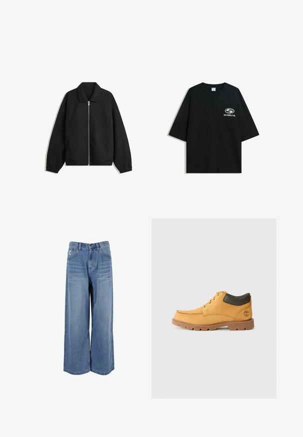 Črna jakna iz teksturirane tkanine, z dvostranskim zadrgo spredaj, ovratnikom in elastičnimi manšeti, sproščenega kroja in stranskimi žepi.; Črna prevelika bombažna majica z okroglo ovratnico in kratkimi rokavi, z belim logotipom "Shibuya" natisnjenim spredaj.; Široke hlače iz modrega denima z visokim pasom, sprednjimi žepi in šivanjem na nogah. Teksturirana, bleda obdelava s sproščenim krojem.; Rumene usnjene čevlje s svetlo rjavim gumijastim podplatom, okroglim nosom in zelenim usnjenim detajlom na gležnju. Opremljeni so z zlatimi luknjicami in šivi.