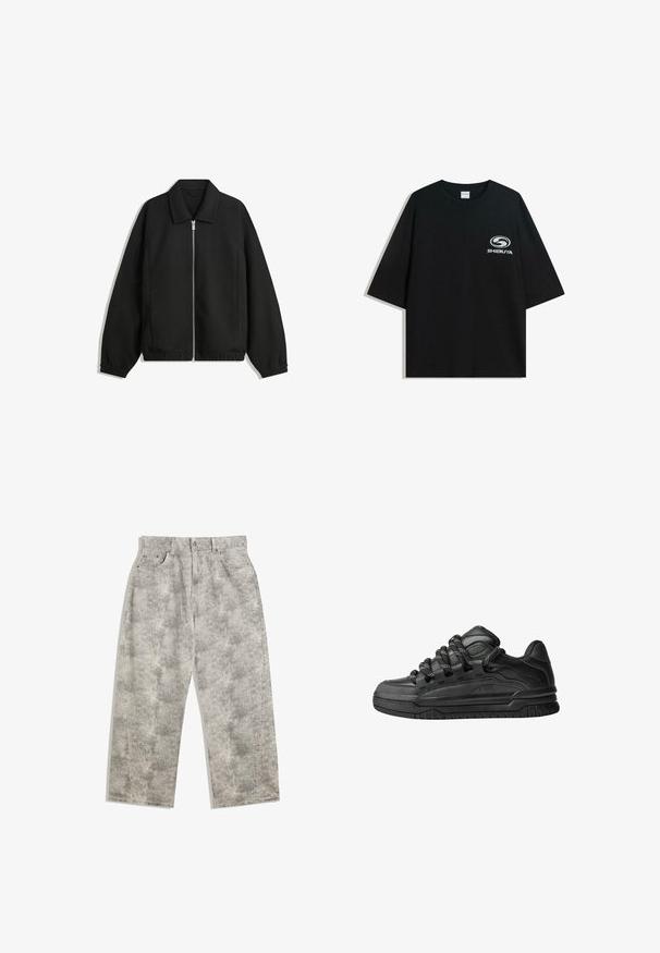 Črna jakna iz teksturirane tkanine, z dvostranskim zadrgo spredaj, ovratnikom in elastičnimi manšeti, sproščenega kroja in stranskimi žepi.; Črna prevelika bombažna majica z okroglo ovratnico in kratkimi rokavi, z belim logotipom "Shibuya" natisnjenim spredaj.; Svetlo sivi traper hlače z ohlapnim krojem in širokimi nogavicami. Imajo subtilno mramorasto teksturo, pet žepov in sprednje zapiranje na gumb.; Črne superge z gladkim usnjenim zgornjim delom, teksturiranimi detajli in okroglimi črnimi ter belimi vezalkami. Debel gumijast podplat z vzorčastim profilom.
