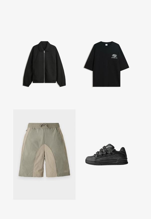 Čierna bunda vyrobená z textúrovaného materiálu, s plným predným zipsom, golierom a elastickými manžetami, so voľnejším strihom a bočnými vreckami.; Čierne oversize bavlnené tričko s okrúhlym výstrihom a krátkymi rukávmi, s bielym logom "Shibuya" potlačeným na prednej strane.; Ľahké šortky s elastickým pásom, s kombináciou olivovo zelenej a béžovej farby, s textúrovaným povrchom.; Čierne tenisky s hladkým koženým zvrškom, štruktúrovanými akcentami a okrúhlymi čierno-bielymi šnúrkami. Hrubá gumená podrážka s vzorovaným dezénom.