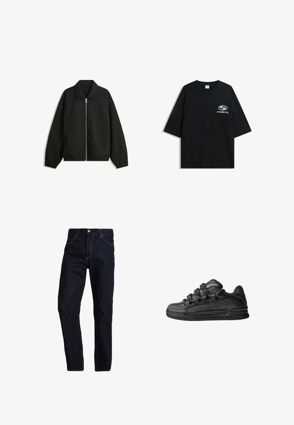 Čierna bunda vyrobená z textúrovaného materiálu, s plným predným zipsom, golierom a elastickými manžetami, so voľnejším strihom a bočnými vreckami.; Čierne oversize bavlnené tričko s okrúhlym výstrihom a krátkymi rukávmi, s bielym logom "Shibuya" potlačeným na prednej strane.; Tmavomodré denimové nohavice so sivým strihom, s žltým prešívaním, piatimi vreckami a klasickým zapínaním na gombík a zips.; Čierne tenisky s hladkým koženým zvrškom, štruktúrovanými akcentami a okrúhlymi čierno-bielymi šnúrkami. Hrubá gumená podrážka s vzorovaným dezénom.