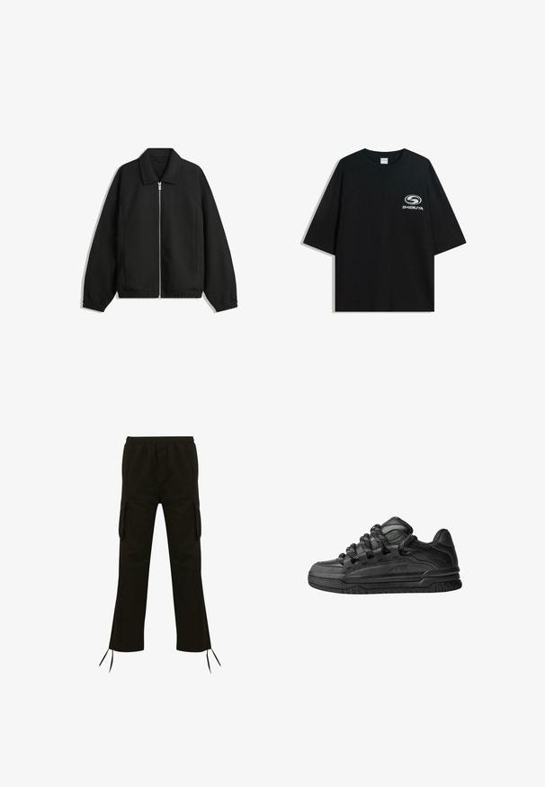Black jacket made of textured fabric, featuring a full front zip, collar, and elastic cuffs with a relaxed fit and side pockets.; Black oversized cotton t-shirt featuring a round neckline and short sleeves, with a white "Shibuya" logo printed on the front.; Black cargo pants with an elastic waistband, side pockets, and drawstrings at the hem; made from a lightweight fabric with a smooth texture.; Black sneakers with a smooth leather upper, textured accents, and round black and white laces. Thick rubber sole with a patterned tread.