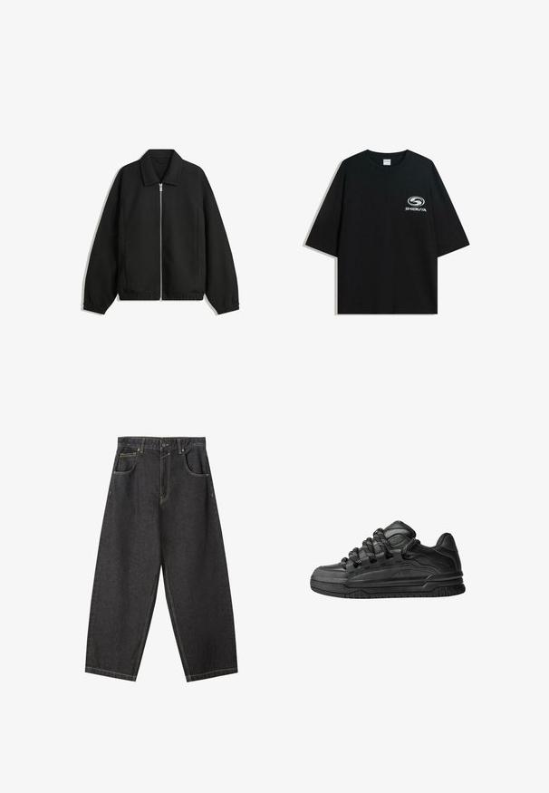 Čierna bunda vyrobená z textúrovaného materiálu, s plným predným zipsom, golierom a elastickými manžetami, so voľnejším strihom a bočnými vreckami.; Čierne oversize bavlnené tričko s okrúhlym výstrihom a krátkymi rukávmi, s bielym logom "Shibuya" potlačeným na prednej strane.; Čierne deninové nohavice s širokými nohavicami a žltým prešívaním, s dizajnom na päť vreciek a stredne vysokým pásom. Textúrovaná tkanina s hladkým povrchom.; Čierne tenisky s hladkým koženým zvrškom, štruktúrovanými akcentami a okrúhlymi čierno-bielymi šnúrkami. Hrubá gumená podrážka s vzorovaným dezénom.
