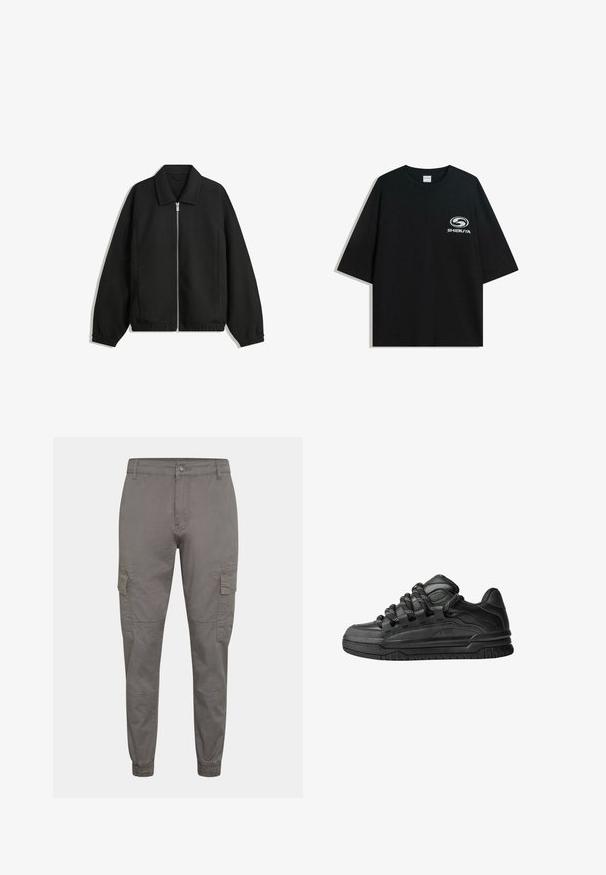 Črna jakna iz teksturirane tkanine, z dvostranskim zadrgo spredaj, ovratnikom in elastičnimi manšeti, sproščenega kroja in stranskimi žepi.; Črna prevelika bombažna majica z okroglo ovratnico in kratkimi rokavi, z belim logotipom "Shibuya" natisnjenim spredaj.; Sive cargo hlače iz bombaža z elastičnim manšetnim delom, imajo stranske žepe, sprednje zapiranje na gumb in šivano zasnovo.; Črne superge z gladkim usnjenim zgornjim delom, teksturiranimi detajli in okroglimi črnimi ter belimi vezalkami. Debel gumijast podplat z vzorčastim profilom.