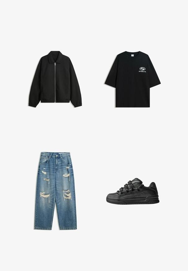 Musta takki, joka on valmistettu teksturoidusta kankaasta ja jossa on koko etuvetoketju, kaulus ja joustavat hihansuut. Takissa on rento istuvuus ja sivutaskut.; Mustat ylipitkät puuvillapaidat, joissa on pyöreä kaula-aukko ja lyhyet hihat, etuosassa valkoinen "Shibuya" -logo.; Siniset farkut, joissa on useita suuria kuluneita ja revittyjä kohtia etureisissä ja polvissa, suoralahkeinen malli ja klassinen viisi-taskun suunnittelu.; Mustat tennarit, joissa on sileä nahkapinta, teksturoituja yksityiskohtia ja pyöreät musta-valkoiset nauhat. Paksu kumipohja, jossa on kuvioitu pinta.