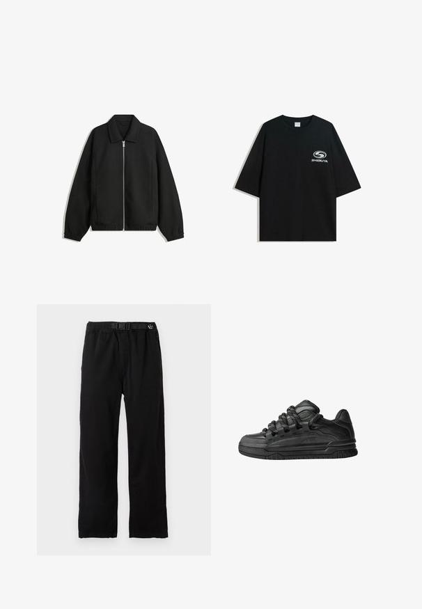 Crna jakna izrađena od teksturirane tkanine, s punim prednjim zatvaračem, ovratnikom i elastičnim manžetama, opuštenog kroja i bočnim džepovima.; Crna oversized pamukasta majica s okruglim izrezom i kratkim rukavima, s bijelim logotipom "Shibuya" otisnutim na prednjoj strani.; Crne, lagane hlače s elastičnom pasicom i podesivim remenom, s ravnim krojem i glatkom teksturom.; Crne tenisice s glatkom kožnom gornjom površinom, teksturiranim detaljima i okruglim crnim i bijelim vezicama. Debeli gumeni potplat s uzorkom.