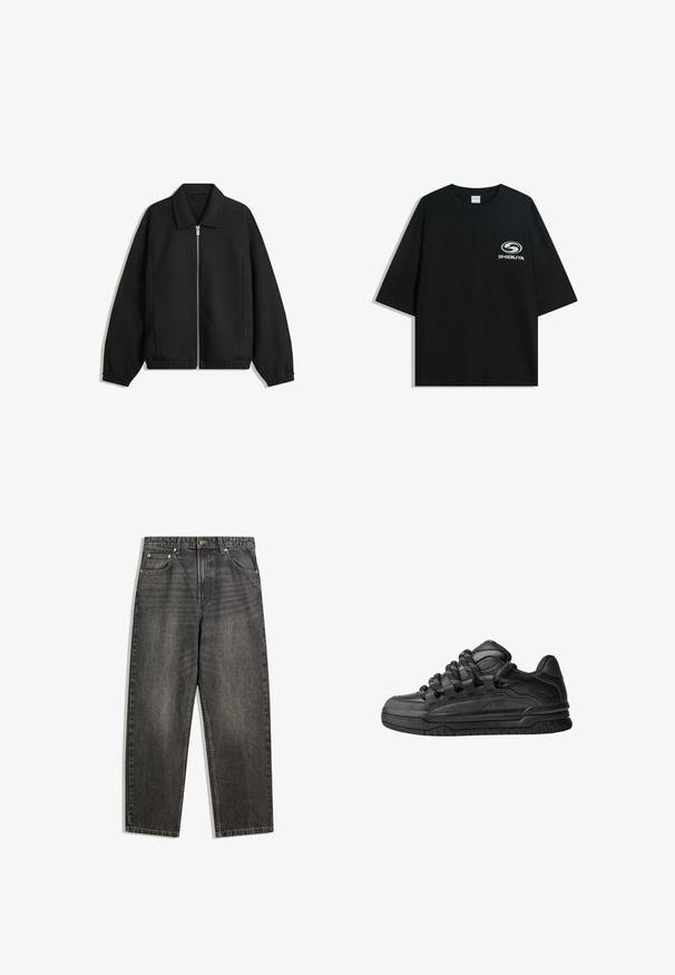 Musta takki, joka on valmistettu teksturoidusta kankaasta ja jossa on koko etuvetoketju, kaulus ja joustavat hihansuut. Takissa on rento istuvuus ja sivutaskut.; Mustat ylipitkät puuvillapaidat, joissa on pyöreä kaula-aukko ja lyhyet hihat, etuosassa valkoinen "Shibuya" -logo.; Mustat farkut rentoa mallia, joissa on viisi taskua, napitus ja hienovarainen haalistuminen kankaan pinnassa.; Mustat tennarit, joissa on sileä nahkapinta, teksturoituja yksityiskohtia ja pyöreät musta-valkoiset nauhat. Paksu kumipohja, jossa on kuvioitu pinta.