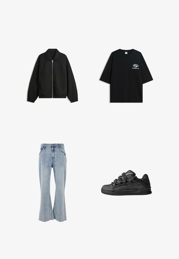 Černá bunda vyrobená z texturované látky, s plným předním zipem, límcem a elastickými manžetami, s volným střihem a bočními kapsami.; Černé oversized bavlněné tričko s kulatým výstřihem a krátkým rukávem, na přední straně s potiskem bílého loga "Shibuya".; Světle modré džínové zvonové kalhoty s detaily předních kapes, viditelným šitím a páskem s poutky na opasek. Klasický pětipocket design.; Černé tenisky s hladkým koženým svrškem, texturovanými akcenty a kulatými černobílými tkaničkami. Silná gumová podrážka s vzorovaným dezénem.
