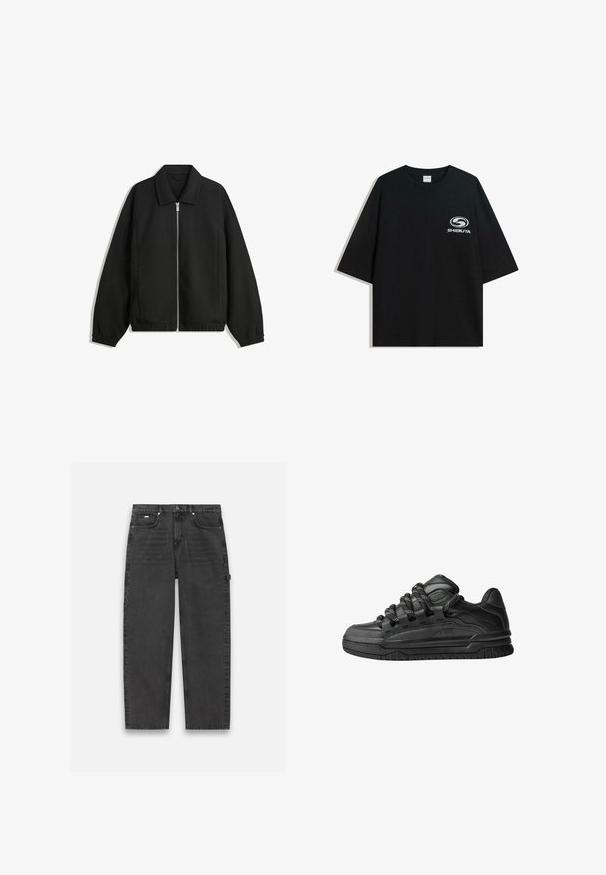 Black jacket made of textured fabric, featuring a full front zip, collar, and elastic cuffs with a relaxed fit and side pockets.; Black oversized cotton t-shirt featuring a round neckline and short sleeves, with a white "Shibuya" logo printed on the front.; Dark gray denim pants with a straight-leg design, five-pocket style, and a visible button and zipper closure. Features minimal detailing.; Black sneakers with a smooth leather upper, textured accents, and round black and white laces. Thick rubber sole with a patterned tread.