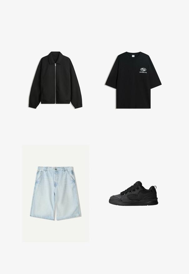 Fekete kabát texturált anyagból, teljes elöl cipzárral, gallérral és rugalmas mandzsettákkal, laza szabással és oldalsó zsebekkel.; Fekete, oversized pamut póló kerek nyakkal és rövid ujjakkal, az elején fehér "Shibuya" logóval.; Világoskék farmer rövidnadrág, egyenes szabással, övhurkokkal, öt zsebbel, és enyhe kopással. Klasszikus pamut anyag textúra.; Fekete sportcipő texturált felsőrésszel, fűzőkkel, légáteresztő hálós részletekkel, párnázott bokarésszel és tartós talppal.
