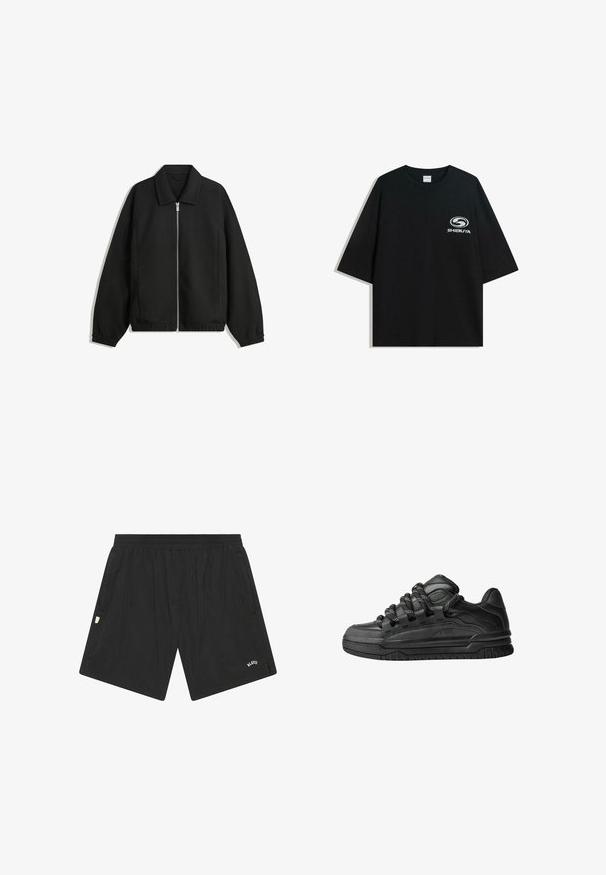 Black jacket made of textured fabric, featuring a full front zip, collar, and elastic cuffs with a relaxed fit and side pockets.; Black oversized cotton t-shirt featuring a round neckline and short sleeves, with a white "Shibuya" logo printed on the front.; Black athletic shorts made of lightweight fabric, featuring an elastic waistband, side pockets, and a small logo on the lower front.; Black sneakers with a smooth leather upper, textured accents, and round black and white laces. Thick rubber sole with a patterned tread.