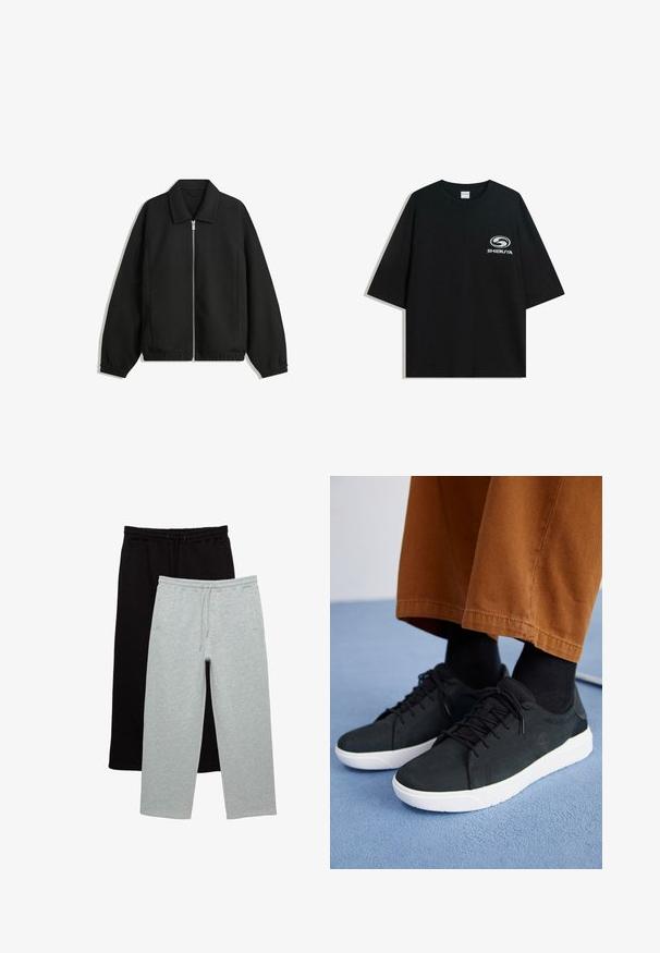 Černá bunda vyrobená z texturované látky, s plným předním zipem, límcem a elastickými manžetami, s volným střihem a bočními kapsami.; Černé oversized bavlněné tričko s kulatým výstřihem a krátkým rukávem, na přední straně s potiskem bílého loga "Shibuya".; Dva páry kalhot: jedny černé, jedny světle šedé. Vyrobené z měkké látky, oba mají elastický pas s šňůrkou a boční kapsy.; Černé semišové tenisky s bílými gumovými podešvemi, s šněrovacím designem, texturovanými detaily a jemným logem, spárované s hnědými kalhotami.