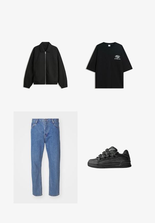 Črna jakna iz teksturirane tkanine, z dvostranskim zadrgo spredaj, ovratnikom in elastičnimi manšeti, sproščenega kroja in stranskimi žepi.; Črna prevelika bombažna majica z okroglo ovratnico in kratkimi rokavi, z belim logotipom "Shibuya" natisnjenim spredaj.; Modre kavbojkaste hlače s ravnim nogavicami, ki vsebujejo zadrgo, pet žepov in subtilne detajle obrabljenosti. Klasičen kroj s srednjim pasom.; Črne superge z gladkim usnjenim zgornjim delom, teksturiranimi detajli in okroglimi črnimi ter belimi vezalkami. Debel gumijast podplat z vzorčastim profilom.
