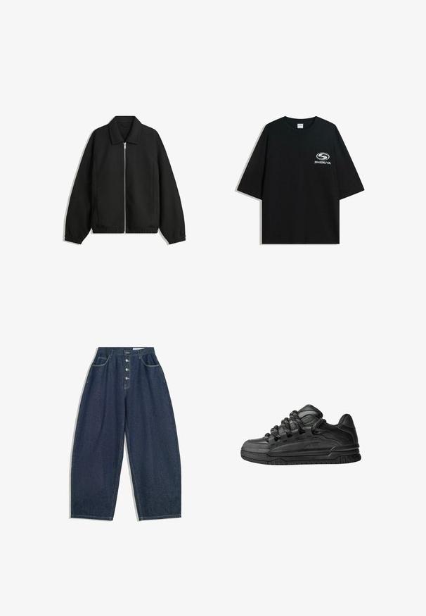 Black jacket made of textured fabric, featuring a full front zip, collar, and elastic cuffs with a relaxed fit and side pockets.; Black oversized cotton t-shirt featuring a round neckline and short sleeves, with a white "Shibuya" logo printed on the front.; Dark blue denim wide-leg trousers with a high waist, five-button closure, and five pockets. Features stitching accents on seams.; Black sneakers with a smooth leather upper, textured accents, and round black and white laces. Thick rubber sole with a patterned tread.