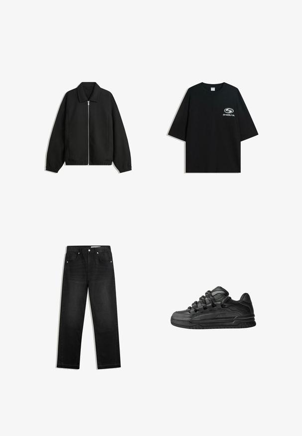 Crna jakna izrađena od teksturirane tkanine, s punim prednjim zatvaračem, ovratnikom i elastičnim manžetama, opuštenog kroja i bočnim džepovima.; Crna oversized pamukasta majica s okruglim izrezom i kratkim rukavima, s bijelim logotipom "Shibuya" otisnutim na prednjoj strani.; Crne traperice s ravnim krojem, pet džepova, kontrastnim metalnim detaljima i sirovim rubom na dnu.; Crne tenisice s glatkom kožnom gornjom površinom, teksturiranim detaljima i okruglim crnim i bijelim vezicama. Debeli gumeni potplat s uzorkom.