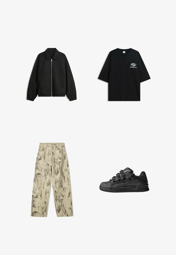 Czarna kurtka z teksturowanej tkaniny, z pełnym zamkiem z przodu, kołnierzem i elastycznymi mankietami, o luźnym kroju i kieszeniach po bokach.; Czarna, oversize bawełniana koszulka z okrągłym dekoltem i krótkimi rękawami, z białym logo "Shibuya" nadrukowanym na przodzie.; Bershka - Jeansy loose fit; Czarne sneakersy z gładką skórzaną cholewką, teksturowanymi akcentami i okrągłymi czarno-białymi sznurowadłami. Gruba gumowa podeszwa z wzorzystym bieżnikiem.