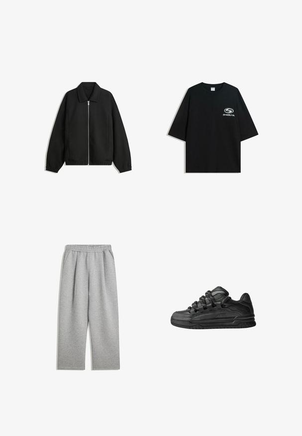 Schwarze Jacke aus strukturiertem Stoff, mit vollem Reißverschluss auf der Vorderseite, Kragen und elastischen Manschetten, im entspannten Schnitt und mit seitlichen Taschen.; Schwarzes oversized Baumwoll-T-Shirt mit Rundhalsausschnitt und kurzen Ärmeln, auf der Vorderseite mit einem weißen "Shibuya"-Logo bedruckt.; Hellgraue Sweatpants mit elastischem Bund und Seitentaschen, gerade Beinform, aus weichem Material.; Schwarze Sneakers mit einem glatten Leder-Obermaterial, strukturierten Akzenten und runden schwarz-weißen Schnürsenkeln. Dicke Gummisohle mit einem gemusterten Profil.