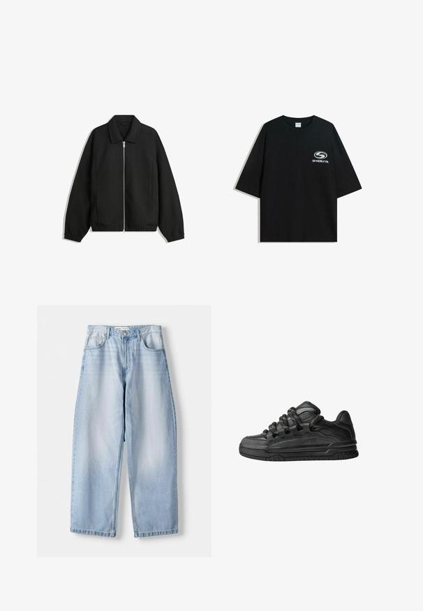 Črna jakna iz teksturirane tkanine, z dvostranskim zadrgo spredaj, ovratnikom in elastičnimi manšeti, sproščenega kroja in stranskimi žepi.; Črna prevelika bombažna majica z okroglo ovratnico in kratkimi rokavi, z belim logotipom "Shibuya" natisnjenim spredaj.; Svijetloplave traper široke hlače s srednjim strukom, dizajnom s pet džepova i suptilnim izbljeđivanjem; završene ravnim rubom i petljicama za remen.; Črne superge z gladkim usnjenim zgornjim delom, teksturiranimi detajli in okroglimi črnimi ter belimi vezalkami. Debel gumijast podplat z vzorčastim profilom.