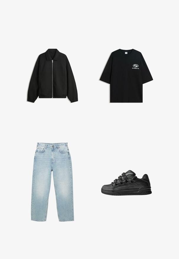 Černá bunda vyrobená z texturované látky, s plným předním zipem, límcem a elastickými manžetami, s volným střihem a bočními kapsami.; Černé oversized bavlněné tričko s kulatým výstřihem a krátkým rukávem, na přední straně s potiskem bílého loga "Shibuya".; Světle modré džíny s vysokým pasem, rovného střihu, s předními a zadními kapsami a knoflíkovým zapínáním s viditelným šitím.; Černé tenisky s hladkým koženým svrškem, texturovanými akcenty a kulatými černobílými tkaničkami. Silná gumová podrážka s vzorovaným dezénem.