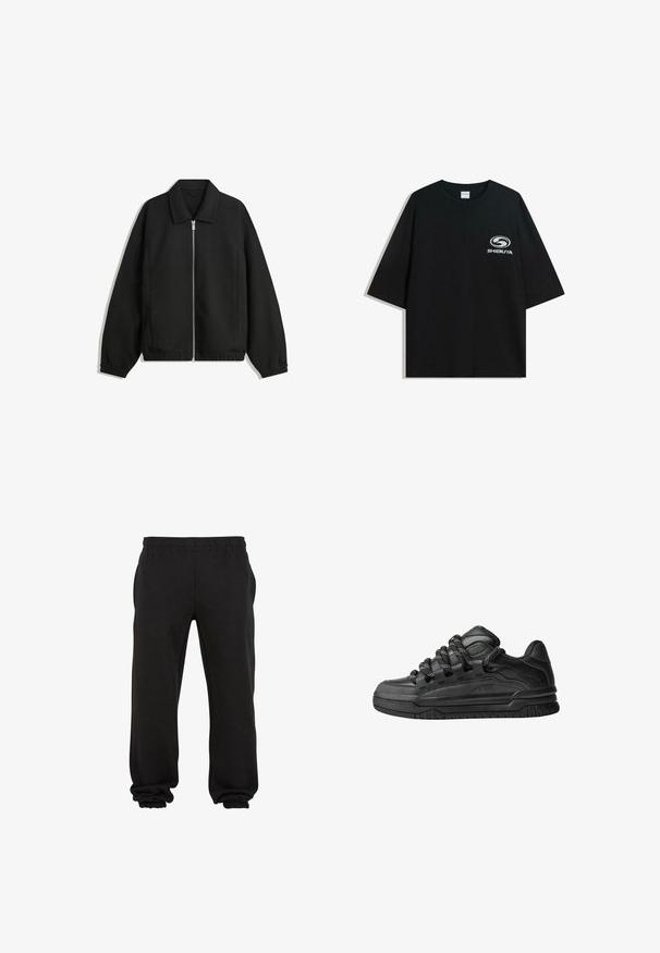Schwarze Jacke aus strukturiertem Stoff, mit vollem Reißverschluss auf der Vorderseite, Kragen und elastischen Manschetten, im entspannten Schnitt und mit seitlichen Taschen.; Schwarzes oversized Baumwoll-T-Shirt mit Rundhalsausschnitt und kurzen Ärmeln, auf der Vorderseite mit einem weißen "Shibuya"-Logo bedruckt.; Schwarze Jogginghosen aus weichem Stoff, mit einem elastischen Bund und elastischen Bündchen am Knöchel, die eine entspannte Passform und Komfort bieten.; Schwarze Sneakers mit einem glatten Leder-Obermaterial, strukturierten Akzenten und runden schwarz-weißen Schnürsenkeln. Dicke Gummisohle mit einem gemusterten Profil.