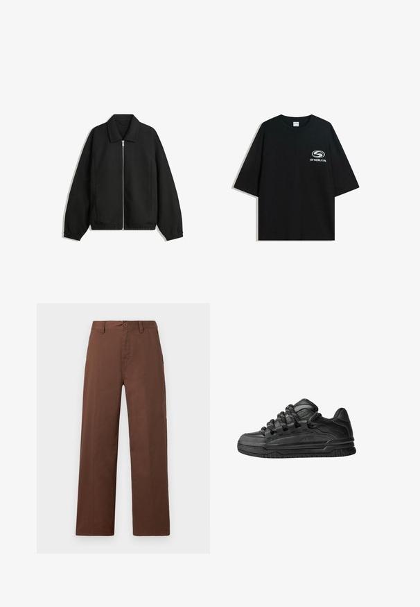 Sort jakke lavet af struktureret stof, med fuld frontlynlås, krave og elastiske mansjetter, i en afslappet pasform og sidelommer.; Sort oversized bomulds t-shirt med rund halsudskæring og korte ærmer, med et hvidt "Shibuya" logo trykt på forsiden.; Brune brede bukser lavet af glat bomuldsstof. Har en knaplukning, bæltesløjfer og to forlommer.; Sorte sneakers med en glat læderoverdel, teksturerede accenter og runde sorte og hvide snørebånd. Tyk gummisål med et mønstret slidbanemønster.