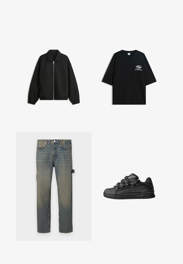 Fekete kabát texturált anyagból, teljes elöl cipzárral, gallérral és rugalmas mandzsettákkal, laza szabással és oldalsó zsebekkel.; Fekete, oversized pamut póló kerek nyakkal és rövid ujjakkal, az elején fehér "Shibuya" logóval.; Világos kék, kopott hatású farmernadrág, egyenes lábú fazon, öt zsebbel és övhurkokkal. Oldalsó pánt részletekkel rendelkezik.; Fekete sportcipők sima bőrből készült felső résszel, struktúrált kiegészítőkkel, valamint kerek fekete és fehér fűzőkkel. Vastag gumitalp mintázott bordázattal.