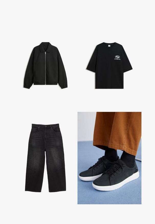 Zwarte jas van textuurstof, met een volledige rits aan de voorkant, een kraag, elastische manchetten, een ontspannen pasvorm en zijzakken.; Zwarte oversized katoenen t-shirt met een ronde halslijn en korte mouwen, met een witte "Shibuya" logo gedrukt op de voorkant.; Zwarte denim wijde broek heeft een hoge taille, vijf zakken, subtiele vervaging en gestikte details op de buitenbenen.; Zwarte suède sneakers met witte rubberen zolen, voorzien van een vetersluiting ontwerp, textuuraccenten en subtiele branding, gedragen met bruine broeken.