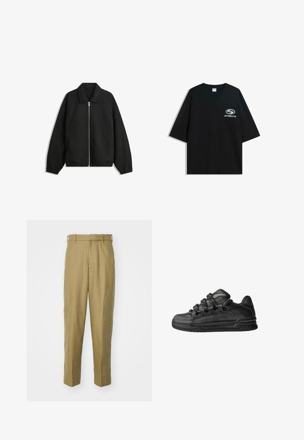Črna jakna iz teksturirane tkanine, z dvostranskim zadrgo spredaj, ovratnikom in elastičnimi manšeti, sproščenega kroja in stranskimi žepi.; Črna prevelika bombažna majica z okroglo ovratnico in kratkimi rokavi, z belim logotipom "Shibuya" natisnjenim spredaj.; Bež hlače iz teksturirane tkanine, z ravnimi nogami, zankami za pas in sprednjimi pregibi.; Črne superge z gladkim usnjenim zgornjim delom, teksturiranimi detajli in okroglimi črnimi ter belimi vezalkami. Debel gumijast podplat z vzorčastim profilom.