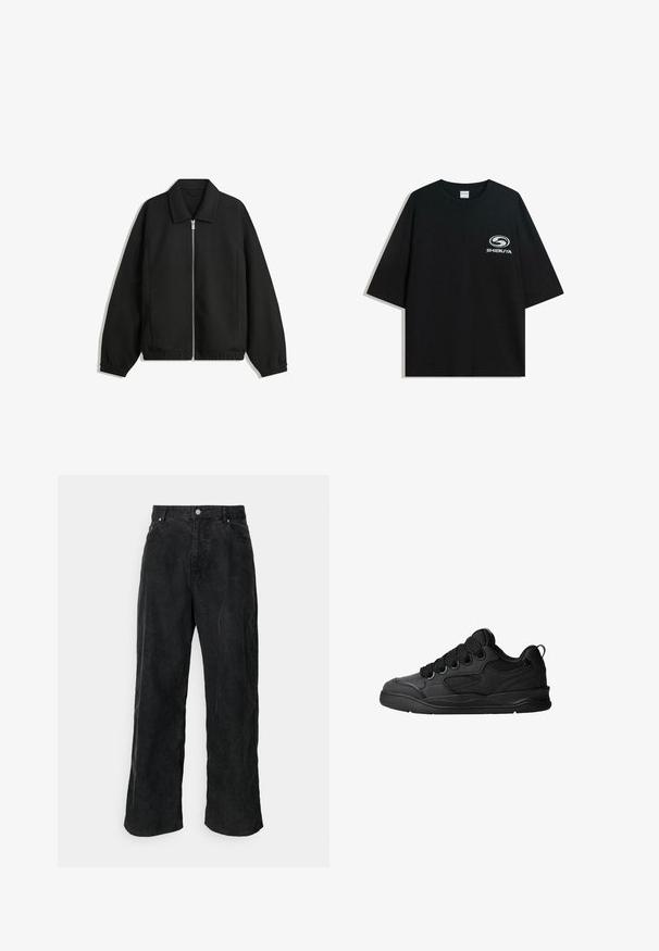 Black jacket made of textured fabric, featuring a full front zip, collar, and elastic cuffs with a relaxed fit and side pockets.; Black oversized cotton t-shirt featuring a round neckline and short sleeves, with a white "Shibuya" logo printed on the front.; Weekday ASTRO LOOSE BAGGY - Trousers - washed black; Black sneakers with a textured upper, featuring laces, mesh accents for breathability, padded collar, and a sturdy outsole.