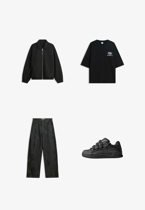 Black jacket made of textured fabric, featuring a full front zip, collar, and elastic cuffs with a relaxed fit and side pockets.; Black oversized cotton t-shirt featuring a round neckline and short sleeves, with a white "Shibuya" logo printed on the front.; Dark denim jeans with a loose fit, featuring subtle vertical texture, yellow stitching, five pockets, and a classic button closure.; Black sneakers with a smooth leather upper, textured accents, and round black and white laces. Thick rubber sole with a patterned tread.