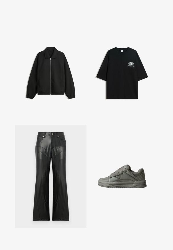 Fekete kabát texturált anyagból, teljes elöl cipzárral, gallérral és rugalmas mandzsettákkal, laza szabással és oldalsó zsebekkel.; Fekete, oversized pamut póló kerek nyakkal és rövid ujjakkal, az elején fehér "Shibuya" logóval.; Fekete, bővülő szabású nadrág, amely műbőrből készült, elülső zsebekkel, látható varázsvarratokkal és ívelt panel részletekkel az oldalakon.; Szürke sportcipő, texturált bőr és hálós felsőrésszel, vastag gumitalppal, valamint kiemelkedő párnázott nyelvvel és oldalakkal. Fűzők és oldalhúzások is tartoznak hozzá.