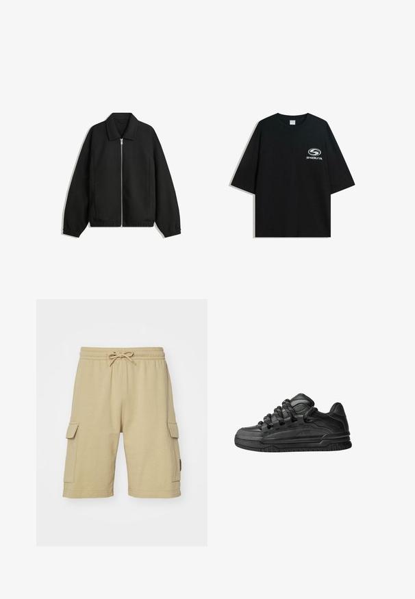 Fekete kabát texturált anyagból, teljes elöl cipzárral, gallérral és rugalmas mandzsettákkal, laza szabással és oldalsó zsebekkel.; Fekete, oversized pamut póló kerek nyakkal és rövid ujjakkal, az elején fehér "Shibuya" logóval.; Beige pamut cargo short, elasztikus derékkel, húzózsinórral és oldalsó zsebekkel. Simább textúra és térd hosszúságú dizájn.; Fekete sportcipők sima bőrből készült felső résszel, struktúrált kiegészítőkkel, valamint kerek fekete és fehér fűzőkkel. Vastag gumitalp mintázott bordázattal.