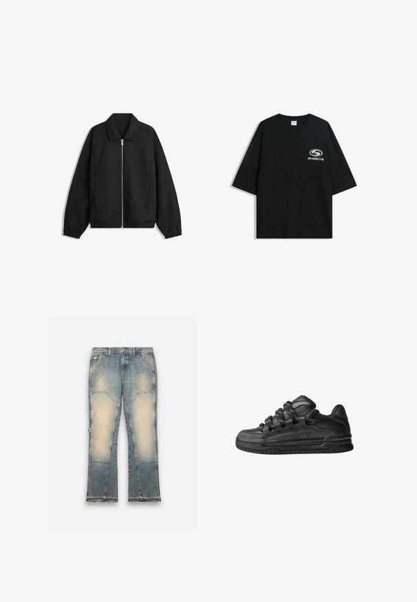 Czarna kurtka z teksturowanej tkaniny, z pełnym zamkiem z przodu, kołnierzem i elastycznymi mankietami, o luźnym kroju i kieszeniach po bokach.; Czarna, oversize bawełniana koszulka z okrągłym dekoltem i krótkimi rękawami, z białym logo "Shibuya" nadrukowanym na przodzie.; Jasnoniebieskie dżinsy z wyblakłym wzorem, szerokie nogawki, pięć kieszeni i postrzępione doły. Zawierają kontrastowe łatki dla dodatkowej faktury.; Czarne sneakersy z gładką skórzaną cholewką, teksturowanymi akcentami i okrągłymi czarno-białymi sznurowadłami. Gruba gumowa podeszwa z wzorzystym bieżnikiem.
