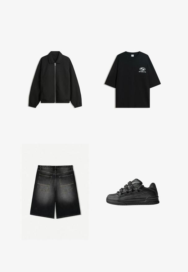 Čierna bunda vyrobená z textúrovaného materiálu, s plným predným zipsom, golierom a elastickými manžetami, so voľnejším strihom a bočnými vreckami.; Čierne oversize bavlnené tričko s okrúhlym výstrihom a krátkymi rukávmi, s bielym logom "Shibuya" potlačeným na prednej strane.; Džínové šortky v čiernom gradientu, s voľným strihom, dvoma zadnými vreckami so žltým šitím a rovnou nohavicou končiacou v strede stehna.; Čierne tenisky s hladkým koženým zvrškom, štruktúrovanými akcentami a okrúhlymi čierno-bielymi šnúrkami. Hrubá gumená podrážka s vzorovaným dezénom.