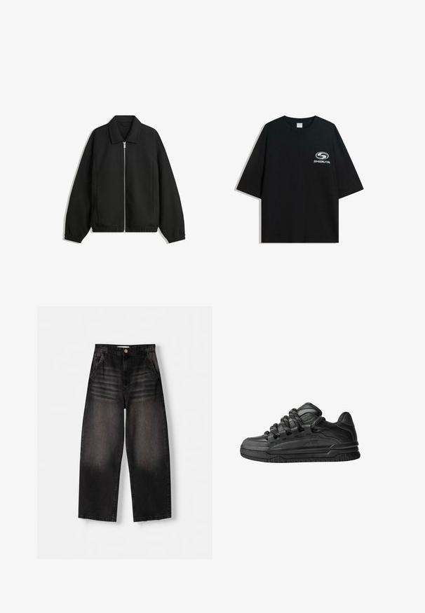 Musta takki, joka on valmistettu teksturoidusta kankaasta ja jossa on koko etuvetoketju, kaulus ja joustavat hihansuut. Takissa on rento istuvuus ja sivutaskut.; Mustat ylipitkät puuvillapaidat, joissa on pyöreä kaula-aukko ja lyhyet hihat, etuosassa valkoinen "Shibuya" -logo.; Mustat farkut, joissa on leveä lahje ja haalistunut muotoilu, viisi taskua, nappikiinnitys sekä hienovaraiset kulutusviivat etupuolella.; Mustat tennarit, joissa on sileä nahkapinta, teksturoituja yksityiskohtia ja pyöreät musta-valkoiset nauhat. Paksu kumipohja, jossa on kuvioitu pinta.