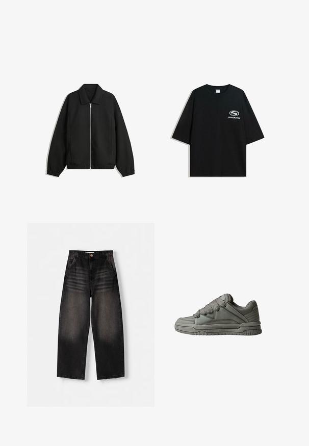 Czarna kurtka z teksturowanej tkaniny, z pełnym zamkiem z przodu, kołnierzem i elastycznymi mankietami, o luźnym kroju i kieszeniach po bokach.; Czarna, oversize bawełniana koszulka z okrągłym dekoltem i krótkimi rękawami, z białym logo "Shibuya" nadrukowanym na przodzie.; Czarne jeansy typu wide-leg z przetarciami, z pięcioma kieszeniami, zapięciem na guzik oraz subtelnymi detalami w postaci przetarć z przodu.; Szare buty sportowe z teksturowanej skóry i siateczki, gruba gumowa podeszwa oraz wyraźnie wyściełany język i boki. Zawierają sznurowadła i akcenty po bokach.