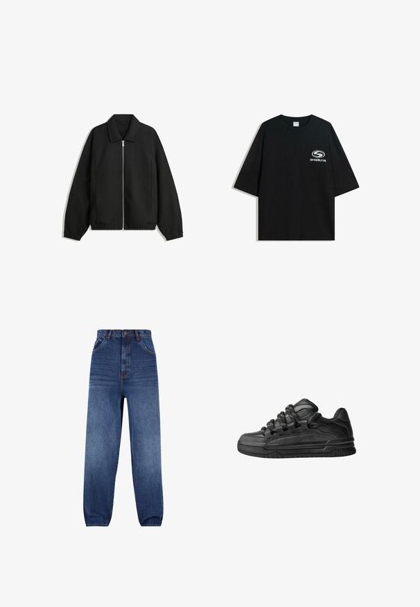 Musta takki, joka on valmistettu teksturoidusta kankaasta ja jossa on koko etuvetoketju, kaulus ja joustavat hihansuut. Takissa on rento istuvuus ja sivutaskut.; Mustat ylipitkät puuvillapaidat, joissa on pyöreä kaula-aukko ja lyhyet hihat, etuosassa valkoinen "Shibuya" -logo.; Tummansiniset farkut. Korkeavyötäröinen muotoilu, jossa on rento leikkaus. Edessä on taskut ja lahkeissa on hienovarainen haalistumisvaikutus.; Mustat tennarit, joissa on sileä nahkapinta, teksturoituja yksityiskohtia ja pyöreät musta-valkoiset nauhat. Paksu kumipohja, jossa on kuvioitu pinta.