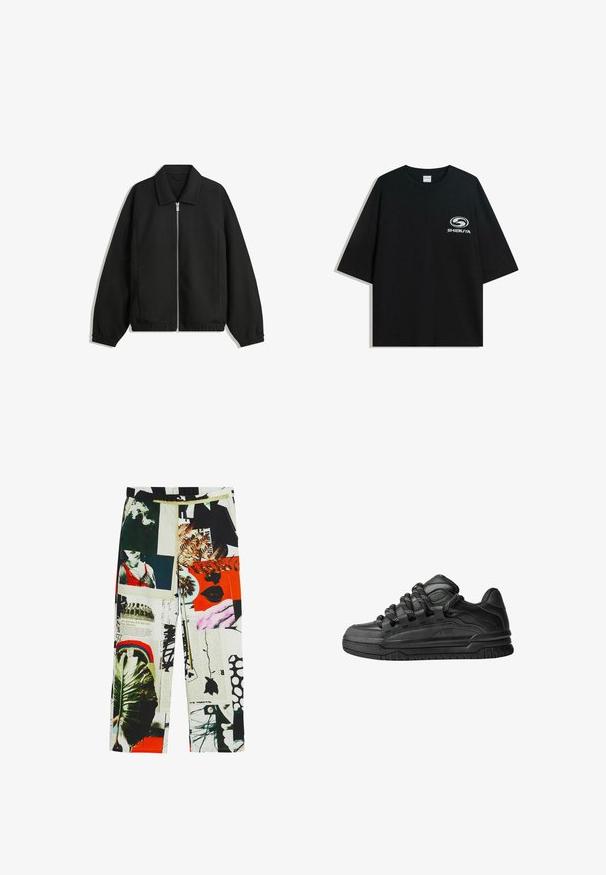 Schwarze Jacke aus strukturiertem Stoff, mit vollem Reißverschluss auf der Vorderseite, Kragen und elastischen Manschetten, im entspannten Schnitt und mit seitlichen Taschen.; Schwarzes oversized Baumwoll-T-Shirt mit Rundhalsausschnitt und kurzen Ärmeln, auf der Vorderseite mit einem weißen "Shibuya"-Logo bedruckt.; Gemusterte Hosen mit einer Collage aus Bildern, Farben und Texturen, einschließlich Grünpflanzen, Grafiken und kräftigen Akzenten. Elastischer Bund.; Schwarze Sneakers mit einem glatten Leder-Obermaterial, strukturierten Akzenten und runden schwarz-weißen Schnürsenkeln. Dicke Gummisohle mit einem gemusterten Profil.