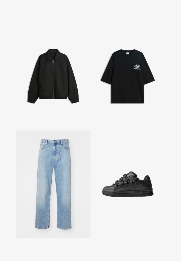 Schwarze Jacke aus strukturiertem Stoff, mit vollem Reißverschluss auf der Vorderseite, Kragen und elastischen Manschetten, im entspannten Schnitt und mit seitlichen Taschen.; Schwarzes oversized Baumwoll-T-Shirt mit Rundhalsausschnitt und kurzen Ärmeln, auf der Vorderseite mit einem weißen "Shibuya"-Logo bedruckt.; Hellblaue Denim-Jeans mit geradem Bein, kontrastierenden Nähten, fünf Taschen und einem klassischen Knopfverschluss.; Schwarze Sneakers mit einem glatten Leder-Obermaterial, strukturierten Akzenten und runden schwarz-weißen Schnürsenkeln. Dicke Gummisohle mit einem gemusterten Profil.