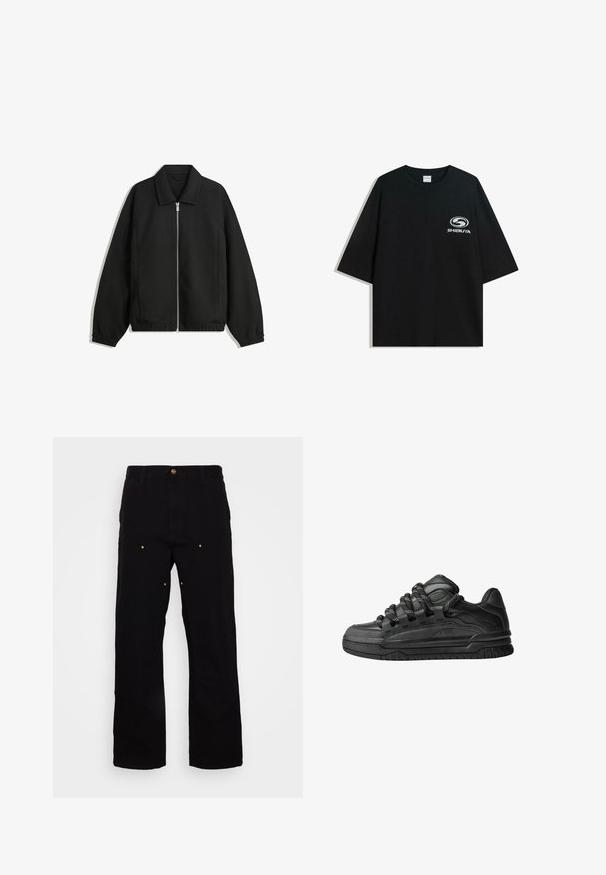 Zwarte jas van textuurstof, met een volledige rits aan de voorkant, een kraag, elastische manchetten, een ontspannen pasvorm en zijzakken.; Zwarte oversized katoenen t-shirt met een ronde halslijn en korte mouwen, met een witte "Shibuya" logo gedrukt op de voorkant.; Zwarte denim broek met een recht-pijp ontwerp, voorzien van gouden hardware accenten en zichtbare stiksels op de voor- en achterzakken.; Zwarte sneakers met een glad leren bovenwerk, gearceerde accenten en ronde zwart-witte veters. Dikke rubberen zool met een geprofileerd loopvlak.